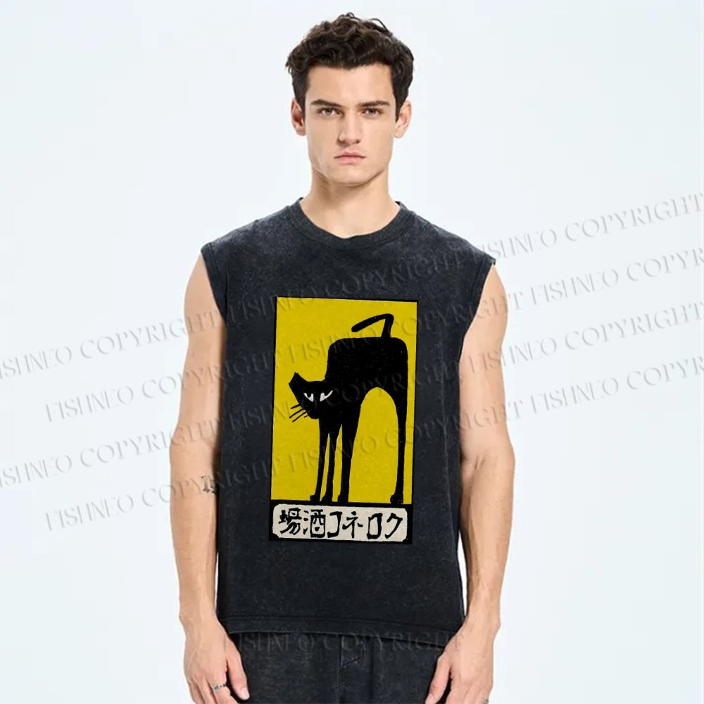 Unisex Vintage Art Cat Printed Washed Tank Top