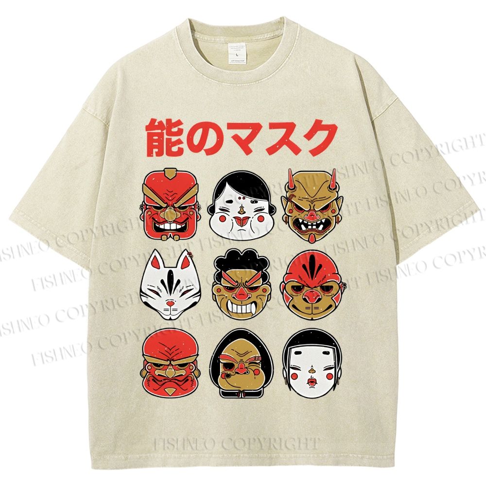 Unisex Japanese Mask Printed Washed Tee