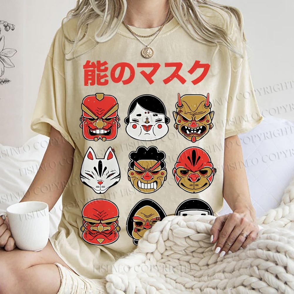 Unisex Japanese Mask Printed Washed Tee