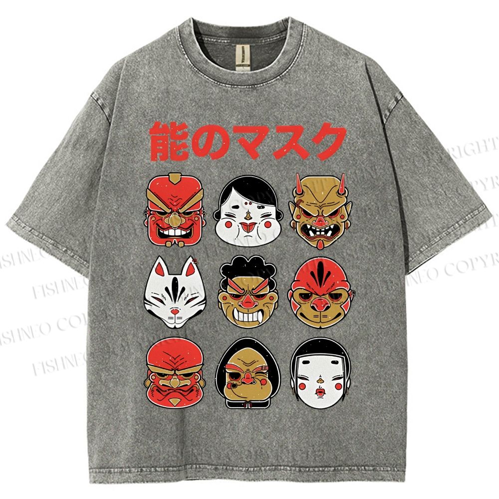 Unisex Japanese Mask Printed Washed Tee