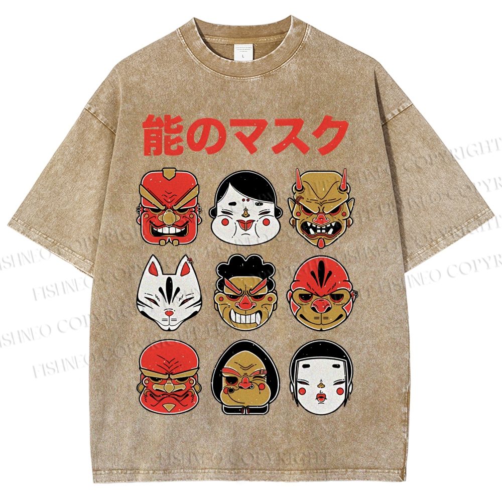 Unisex Japanese Mask Printed Washed Tee
