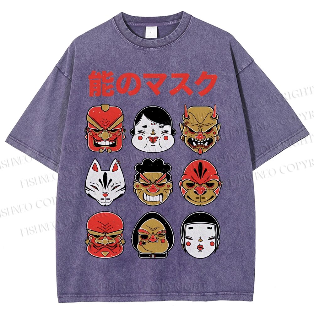 Unisex Japanese Mask Printed Washed Tee
