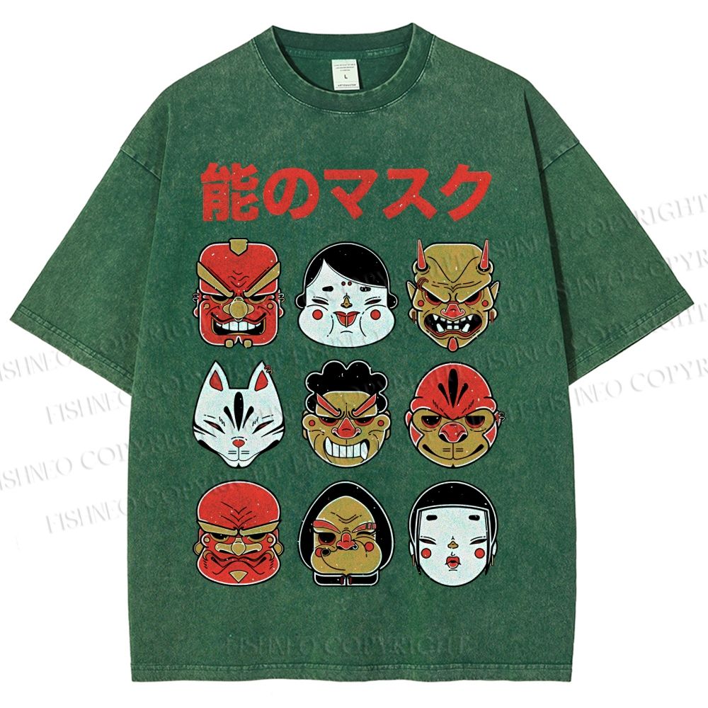Unisex Japanese Mask Printed Washed Tee