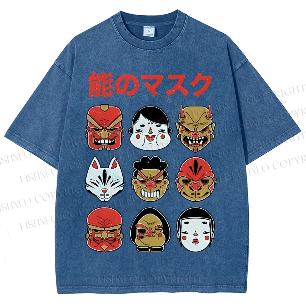 Unisex Japanese Mask Printed Washed Tee