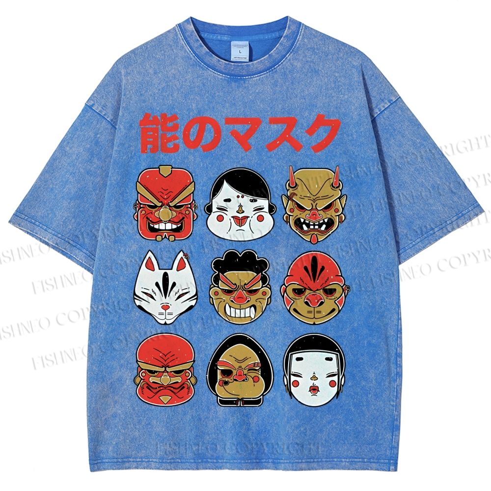 Unisex Japanese Mask Printed Washed Tee