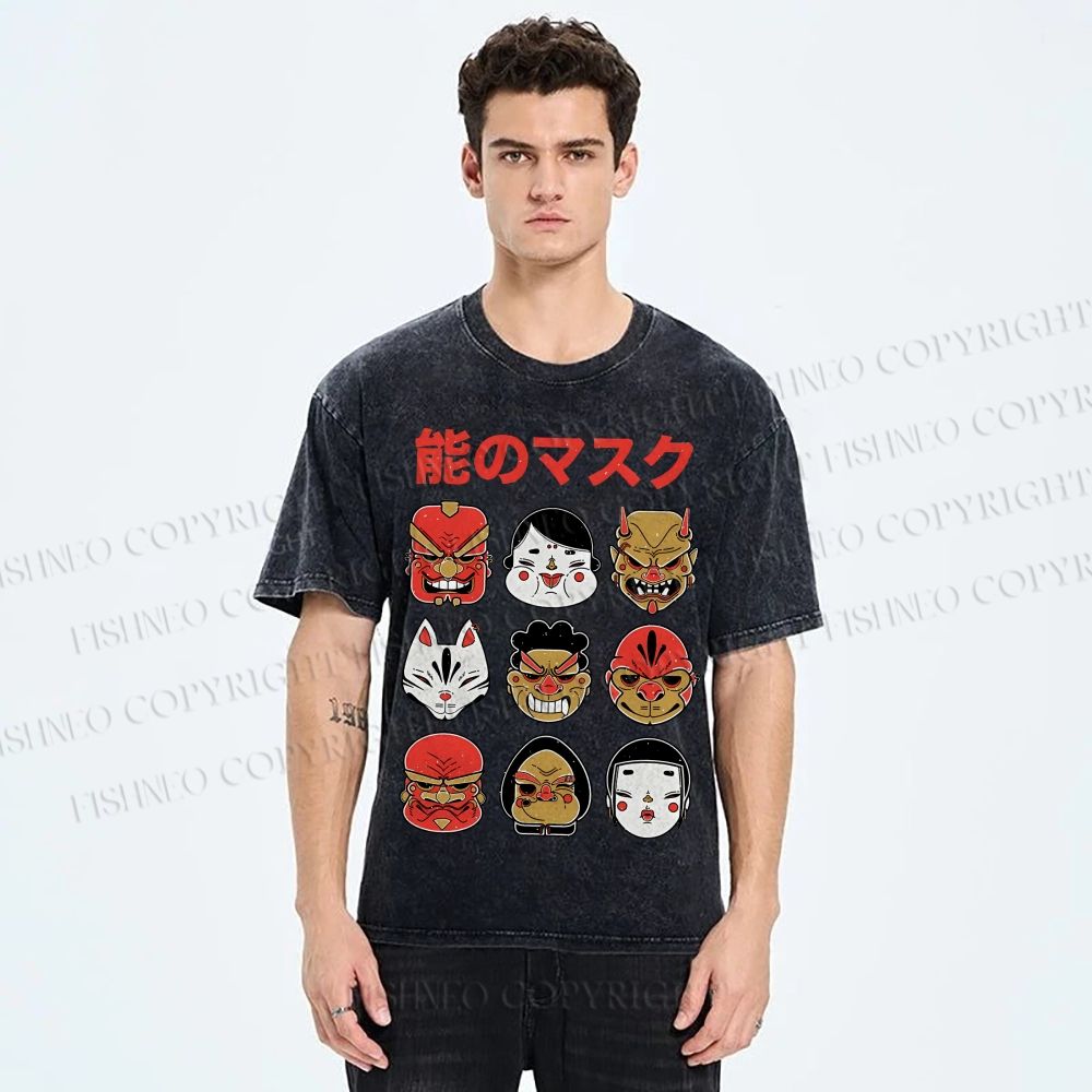 Unisex Japanese Mask Printed Washed Tee