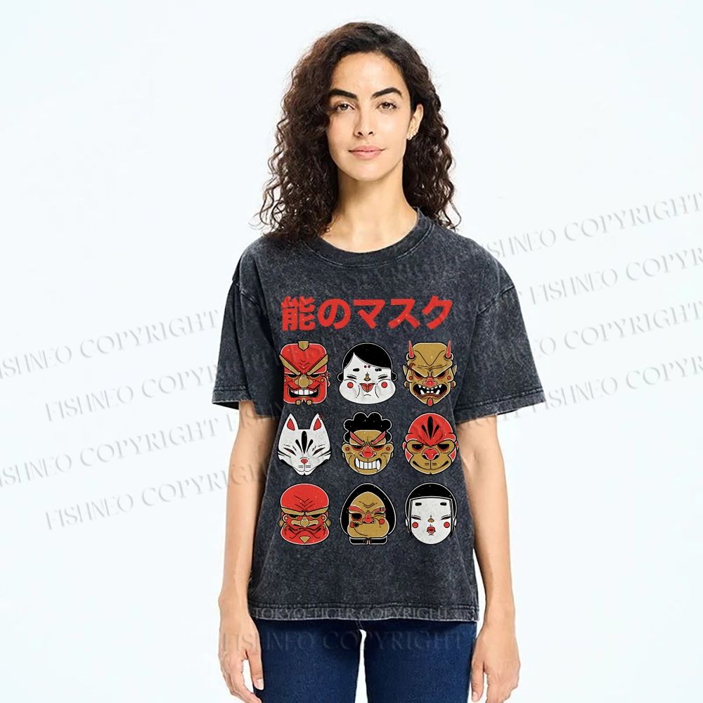 Unisex Japanese Mask Printed Washed Tee