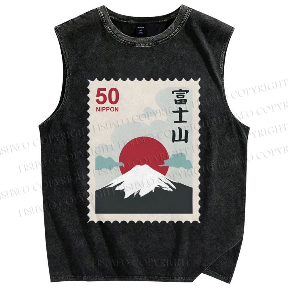 Unisex Mount Fuji Stamp Printed Washed Tank Top
