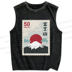 Unisex Mount Fuji Stamp Printed Washed Tank Top
