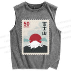 Unisex Mount Fuji Stamp Printed Washed Tank Top