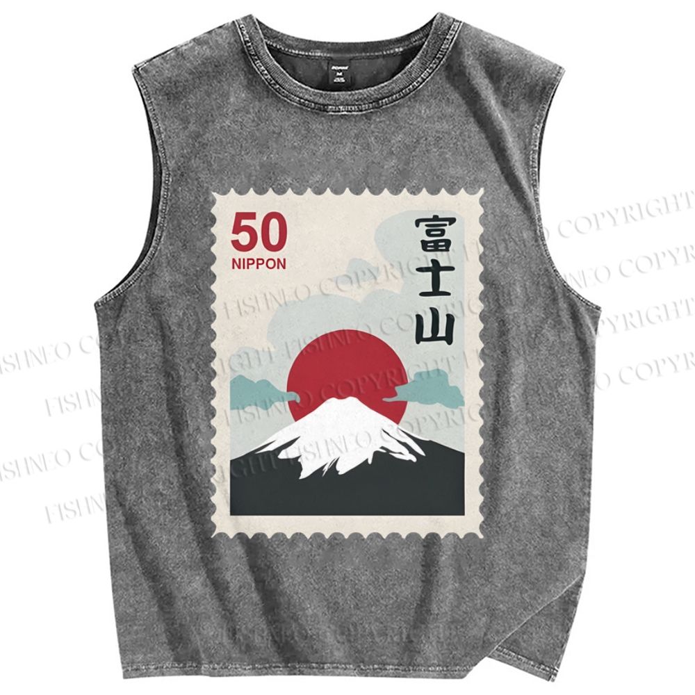 Unisex Mount Fuji Stamp Printed Washed Tank Top