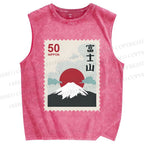 Unisex Mount Fuji Stamp Printed Washed Tank Top