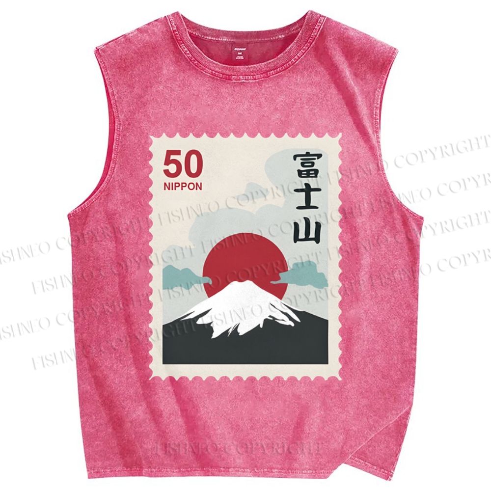 Unisex Mount Fuji Stamp Printed Washed Tank Top