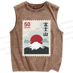 Unisex Mount Fuji Stamp Printed Washed Tank Top