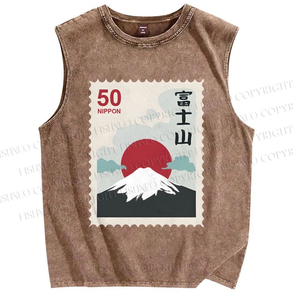 Unisex Mount Fuji Stamp Printed Washed Tank Top