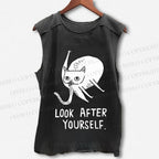 Unisex Silly Cat Look After Self Printed Washed Tank Top