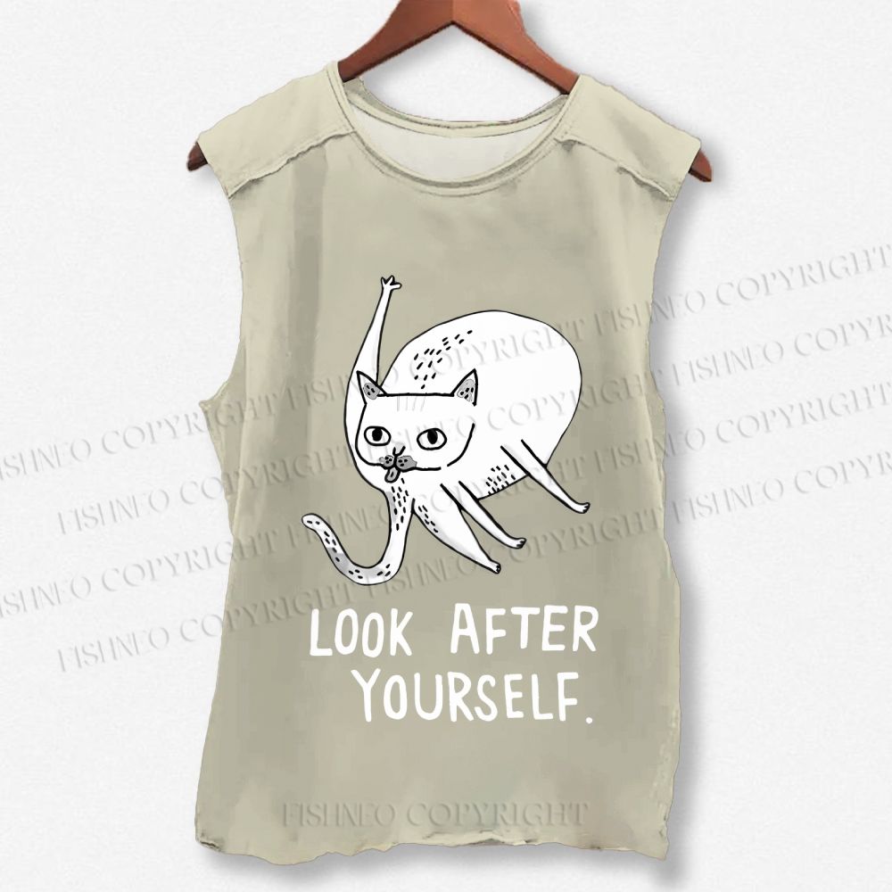 Unisex Silly Cat Look After Self Printed Washed Tank Top