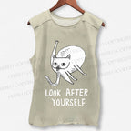 Unisex Silly Cat Look After Self Printed Washed Tank Top