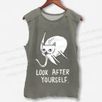 Unisex Silly Cat Look After Self Printed Washed Tank Top
