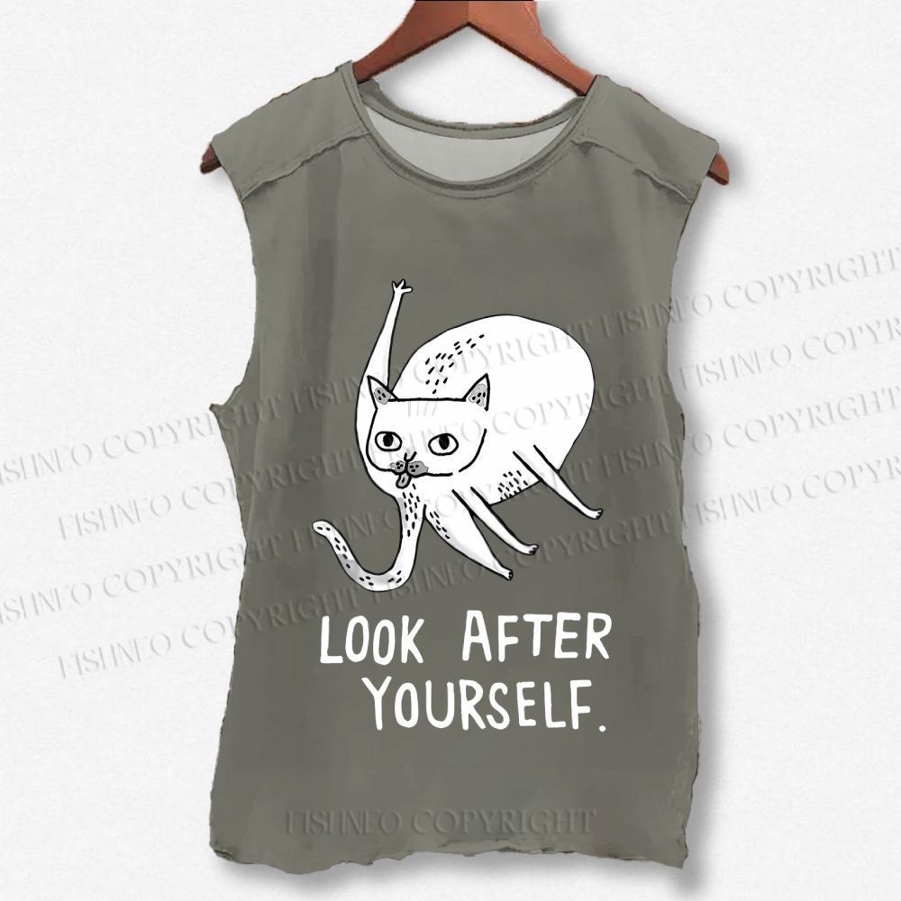 Unisex Silly Cat Look After Self Printed Washed Tank Top