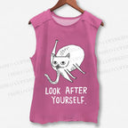 Unisex Silly Cat Look After Self Printed Washed Tank Top