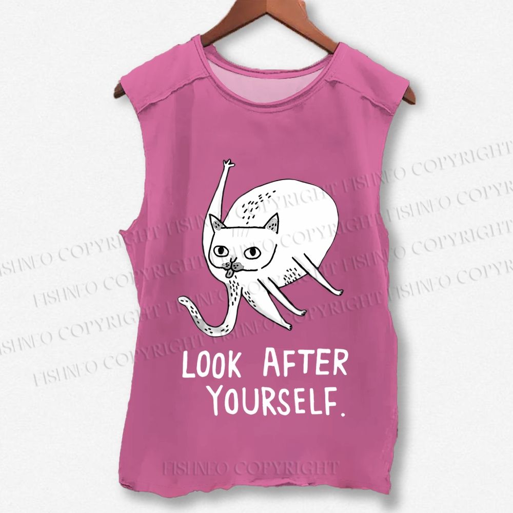 Unisex Silly Cat Look After Self Printed Washed Tank Top