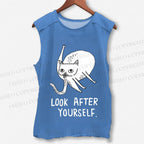 Unisex Silly Cat Look After Self Printed Washed Tank Top