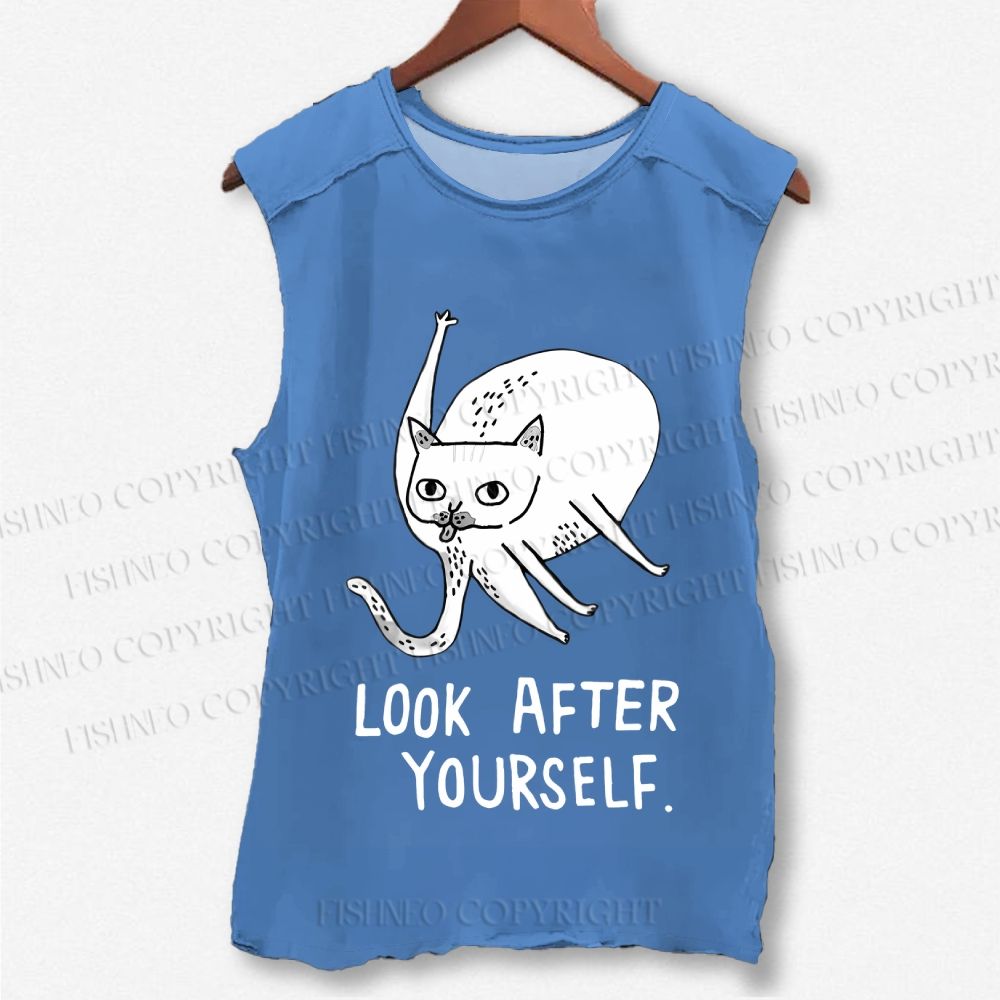 Unisex Silly Cat Look After Self Printed Washed Tank Top