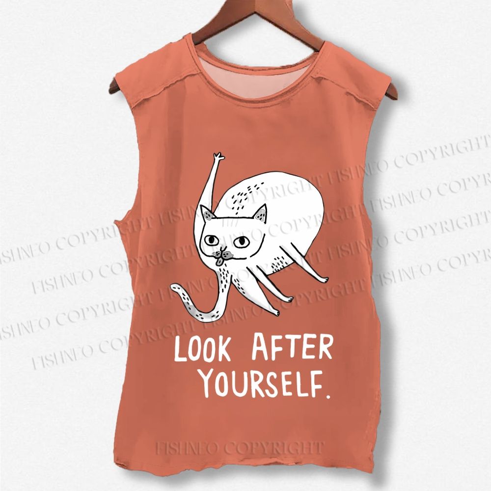 Unisex Silly Cat Look After Self Printed Washed Tank Top