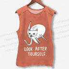 Unisex Silly Cat Look After Self Printed Washed Tank Top