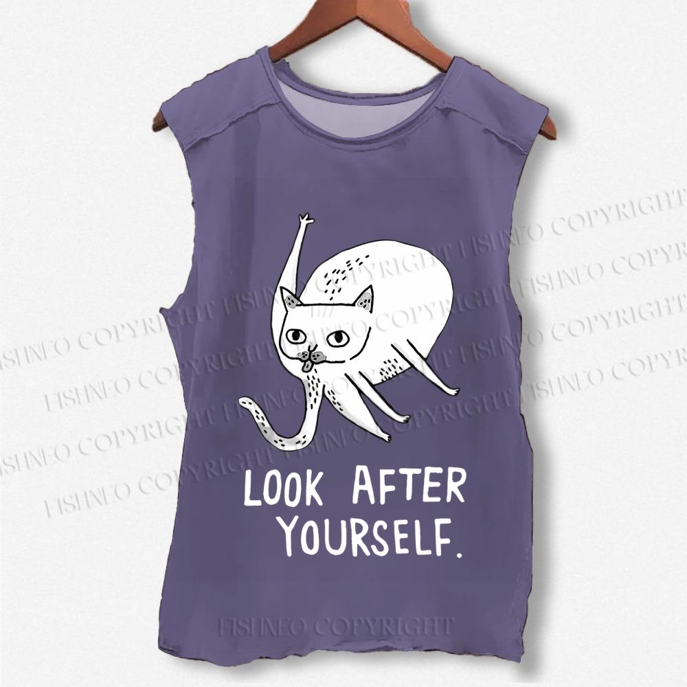 Unisex Silly Cat Look After Self Printed Washed Tank Top