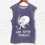 Unisex Silly Cat Look After Self Printed Washed Tank Top