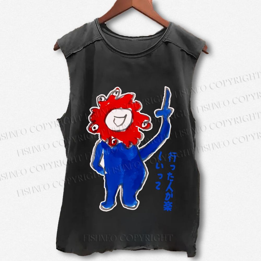 Unisex Japanese Funny Graffiti Printed Washed Tank Top