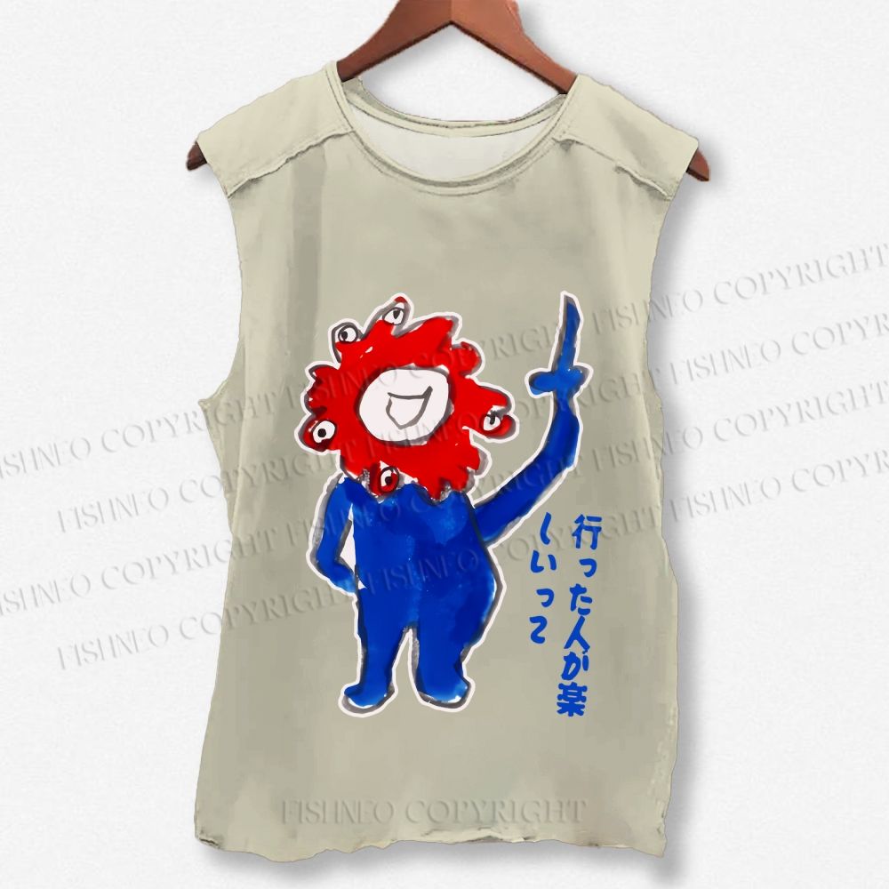 Unisex Japanese Funny Graffiti Printed Washed Tank Top