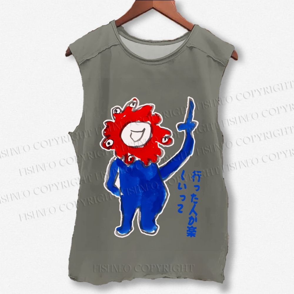 Unisex Japanese Funny Graffiti Printed Washed Tank Top
