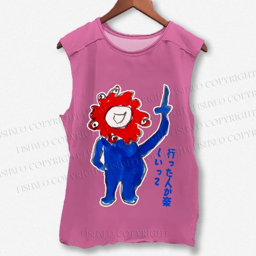 Unisex Japanese Funny Graffiti Printed Washed Tank Top