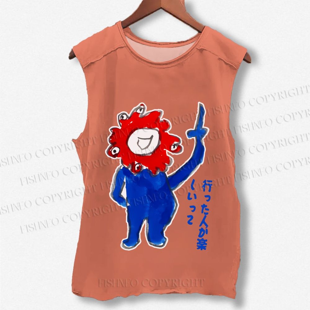 Unisex Japanese Funny Graffiti Printed Washed Tank Top