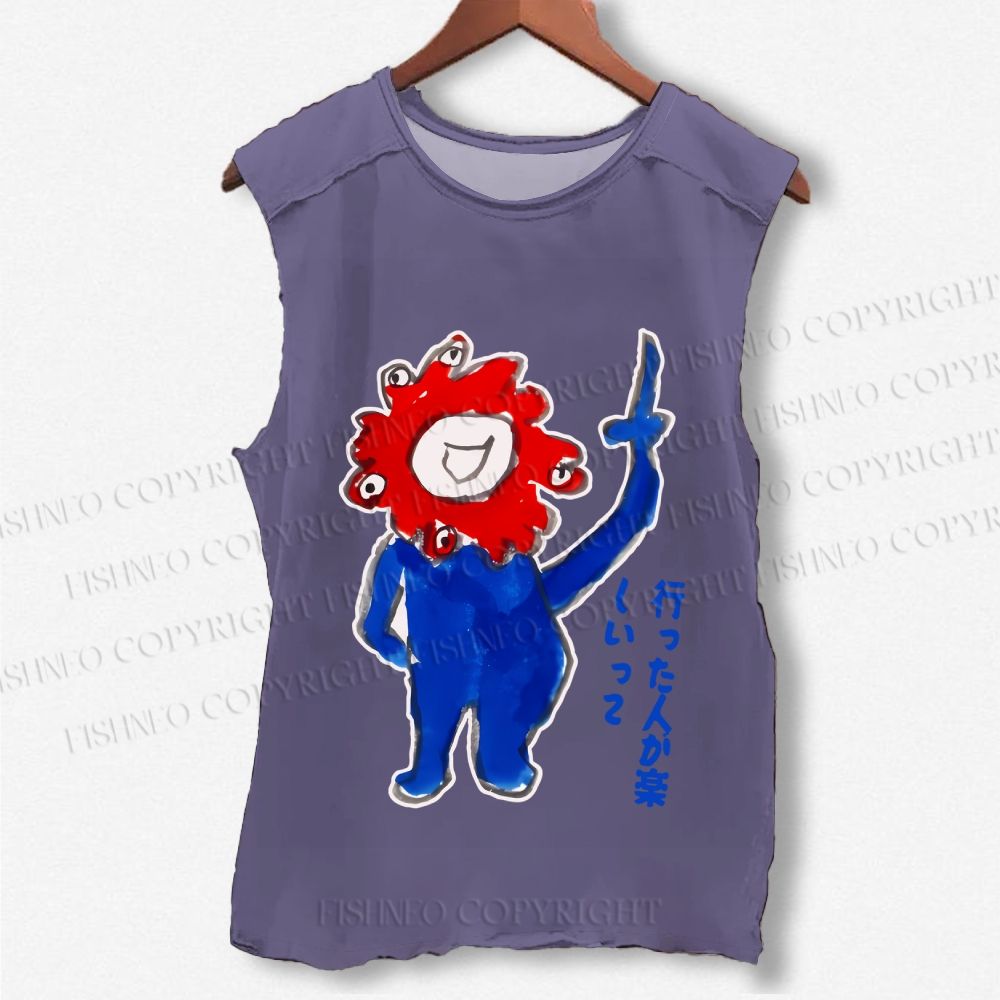 Unisex Japanese Funny Graffiti Printed Washed Tank Top