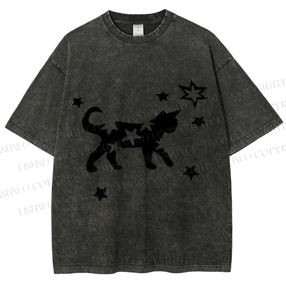 Unisex Star Black Cat Printed Washed Tee