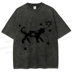 Unisex Star Black Cat Printed Washed Tee