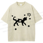 Unisex Star Black Cat Printed Washed Tee