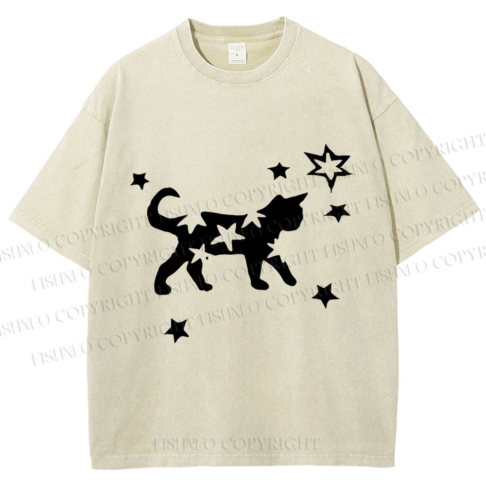 Unisex Star Black Cat Printed Washed Tee