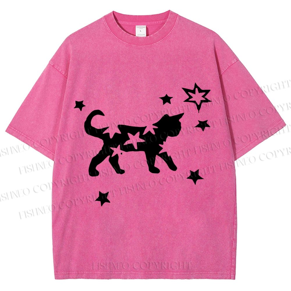 Unisex Star Black Cat Printed Washed Tee