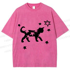 Unisex Star Black Cat Printed Washed Tee