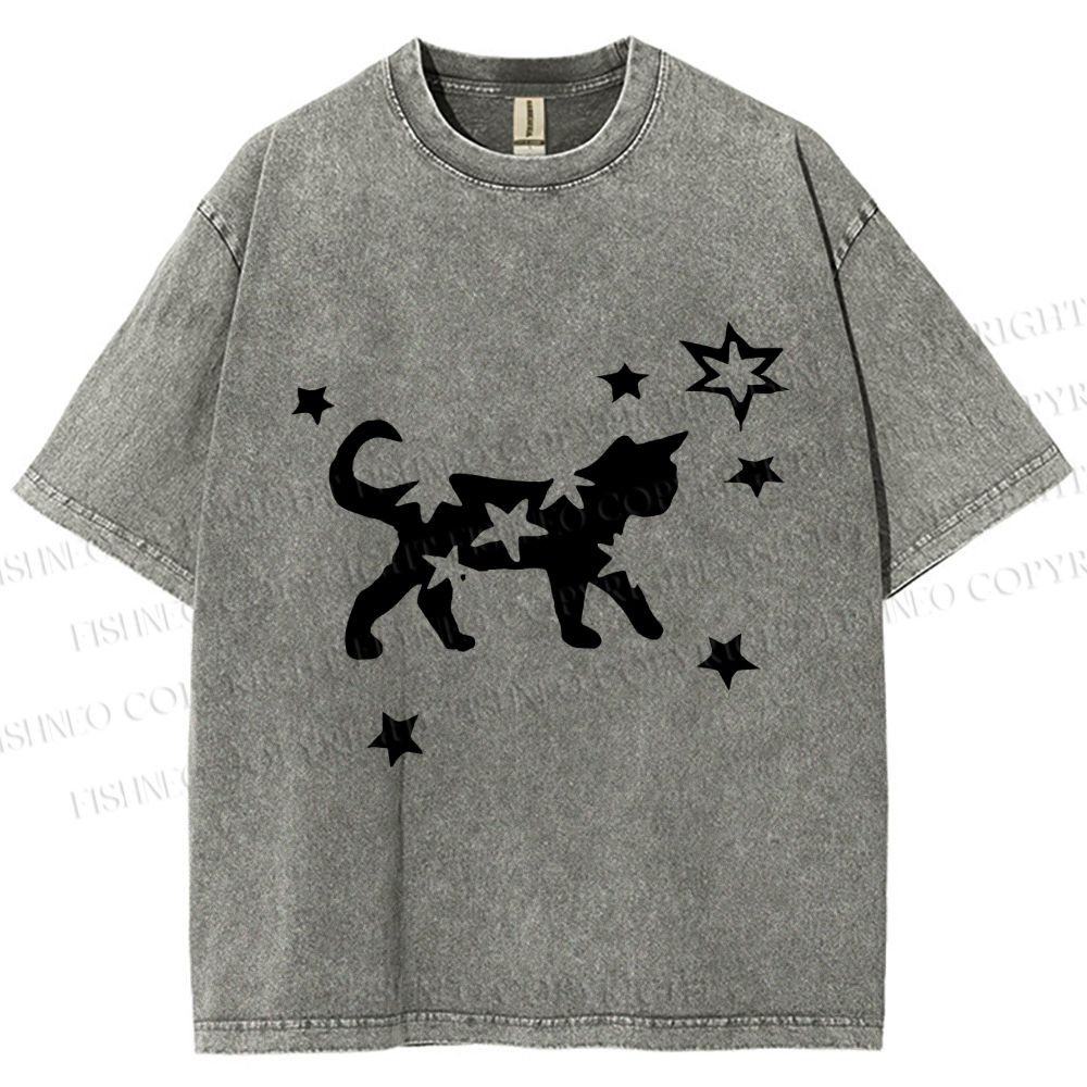 Unisex Star Black Cat Printed Washed Tee