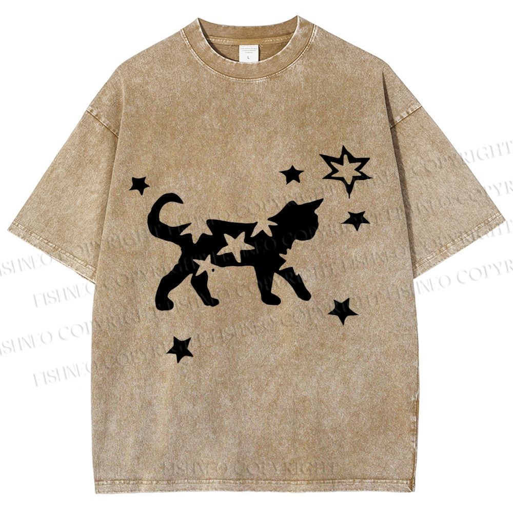 Unisex Star Black Cat Printed Washed Tee