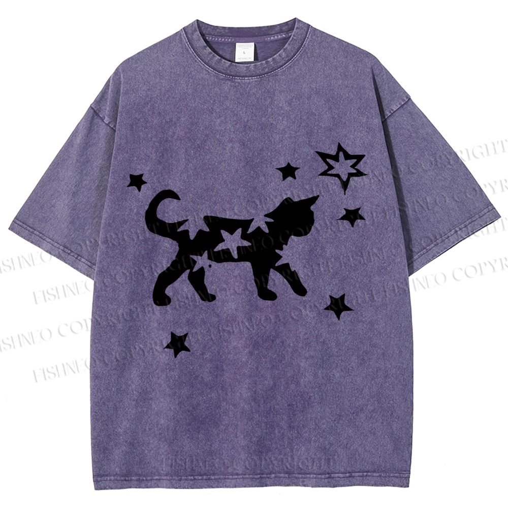 Unisex Star Black Cat Printed Washed Tee