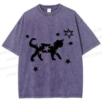 Unisex Star Black Cat Printed Washed Tee