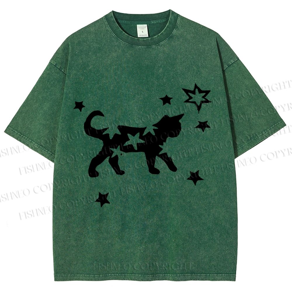 Unisex Star Black Cat Printed Washed Tee