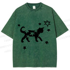 Unisex Star Black Cat Printed Washed Tee